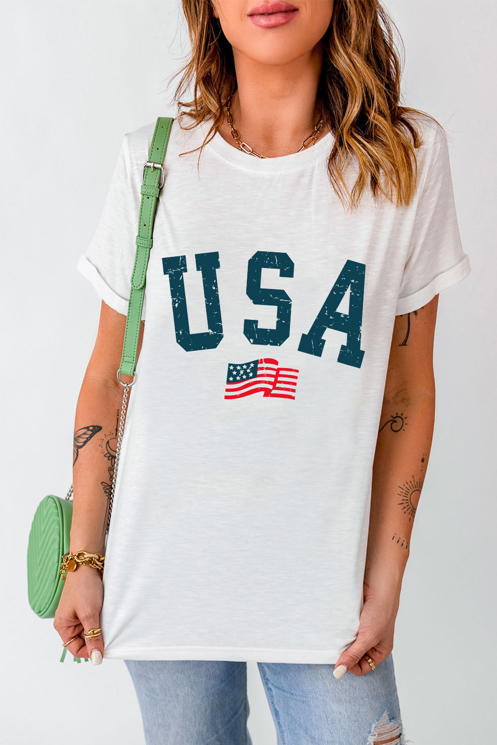 USA round neck short sleeve t-shirt with flag design, featuring slightly stretchy polyester-cotton blend material.