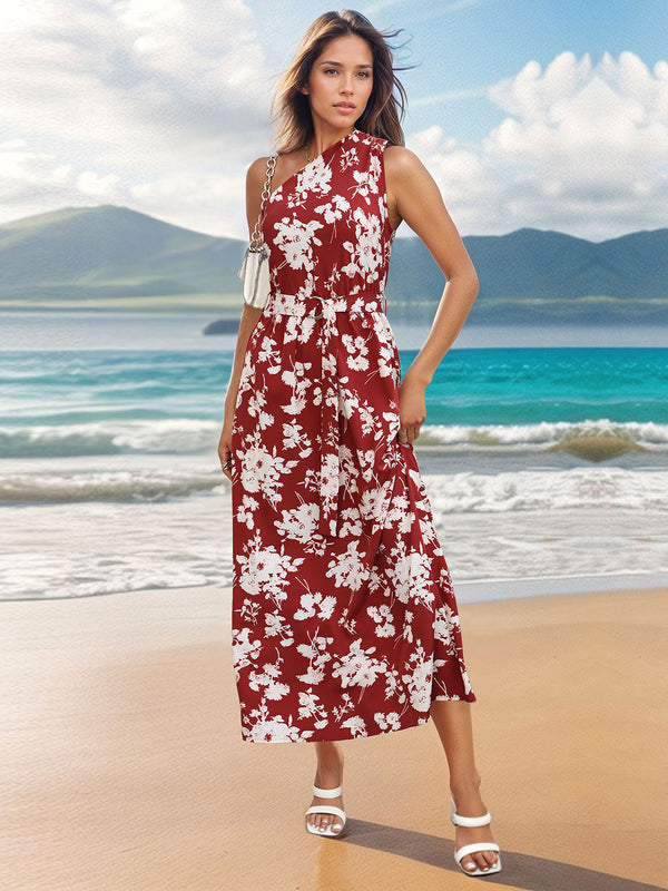 Printed Single Shoulder Sleeveless Dress-Teresa's Fashionista LLC