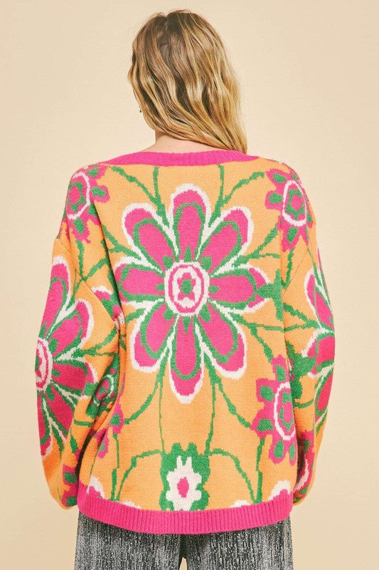 Davi & Dani Floral Contrast V-Neck Dropped Shoulder Sweater - Teresa's Fashionista LLC