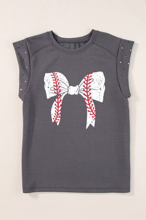 Studded Bow Graphic Round Neck Cap Sleeve T-Shirt-Teresa's Fashionista LLC