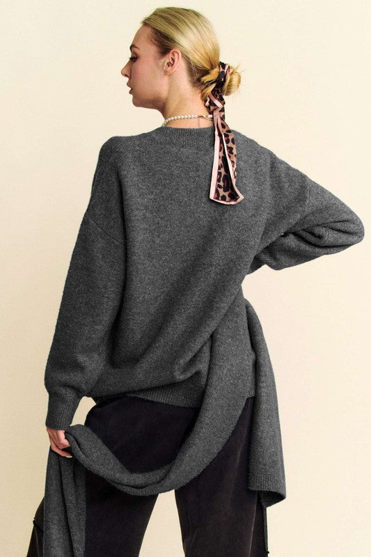 Davi & Dani V-Neck Dropped Shoulder Sweater with Scarf Set - Teresa's Fashionista LLC
