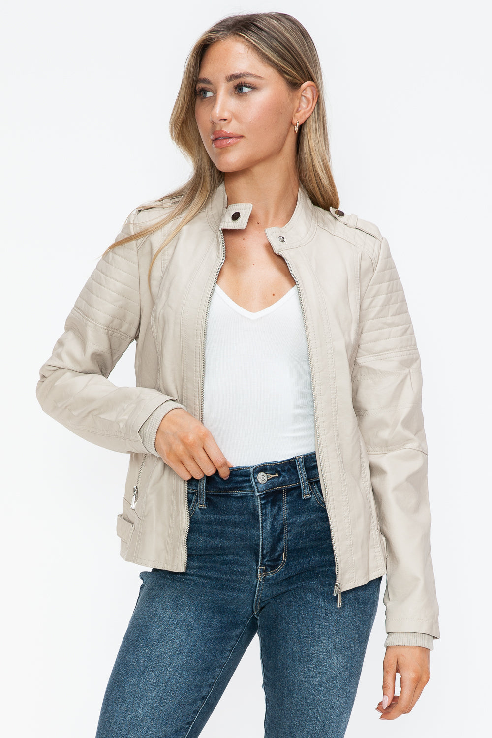 Snobbish PU Leather Biker Jacket with Side Zip Pockets - Teresa's Fashionista LLC