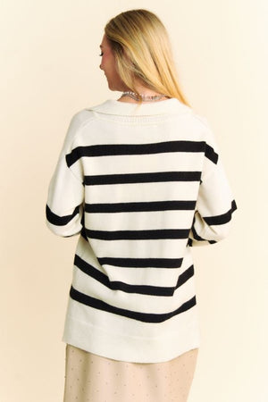 Davi & Dani High-Low Side Slit Striped Johnny Collar Sweater - Teresa's Fashionista LLC