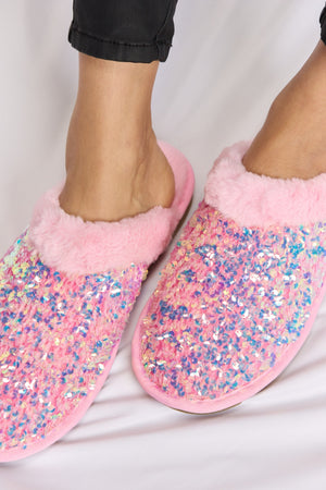 Forever Link Sequin Plush Round Toe Slippers-Teresa's Fashionista LLC