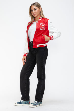 Love Me Now PU Leather Contrast Snap Down Bomber Jacket - Teresa's Fashionista LLC