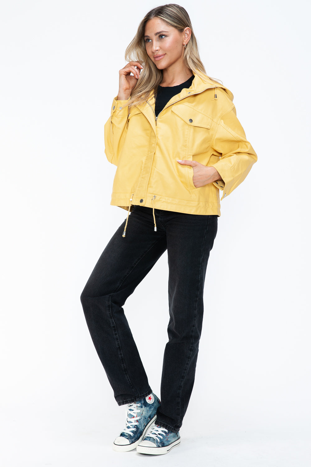 How Dare U Drawstring Hem PU Leather Zip Up Jacket - Teresa's Fashionista LLC