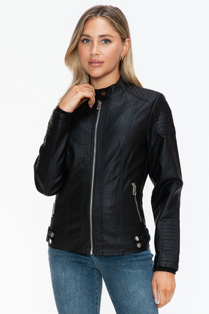 Snobbish Faux Leather Biker Jacket with Side Zip Pockets - Teresa's Fashionista LLC