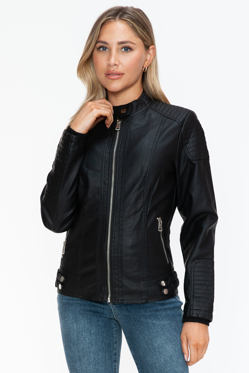 Snobbish Faux Leather Biker Jacket with Side Zip Pockets - Teresa's Fashionista LLC