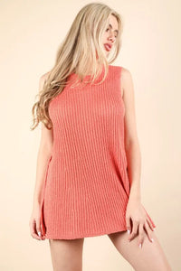 VERY J Slit Round Neck Top and Shorts Sweater Set