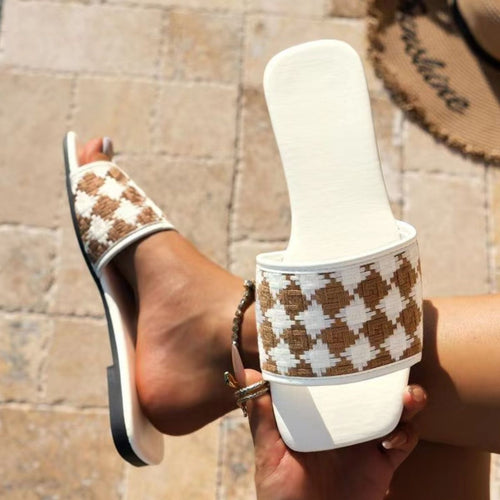 Plaid Open Toe Flat Sandals-Teresa's Fashionista LLC