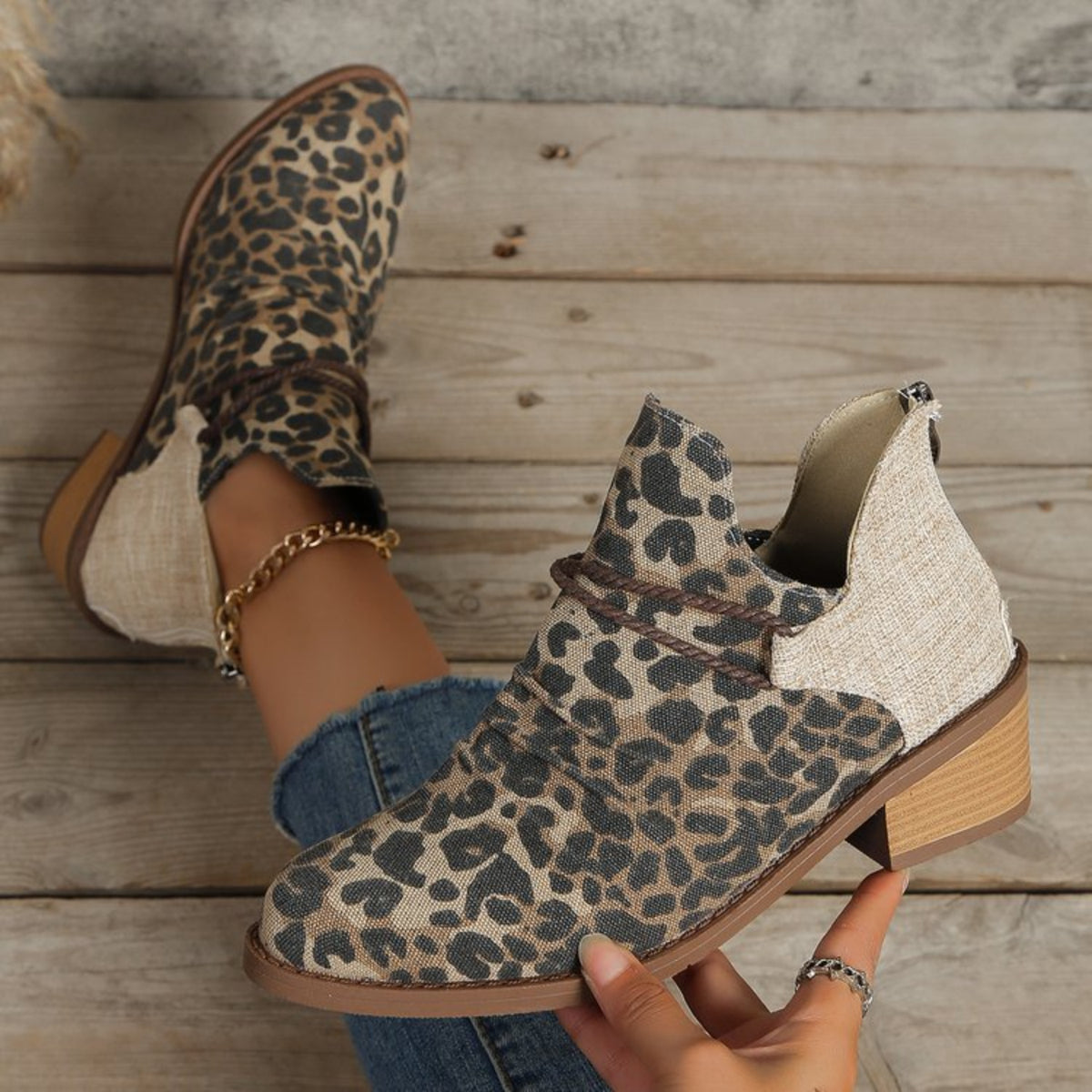 Contrast Canvas Low Heel Boots-Teresa&#39;s Fashionista LLC