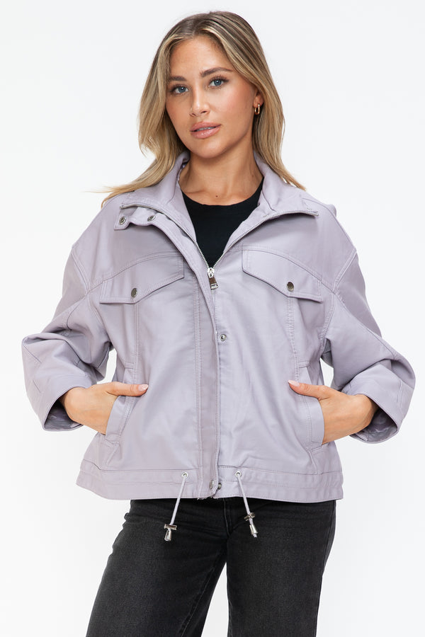 How Dare U Drawstring Hem PU Leather Zip Up Jacket - Teresa's Fashionista LLC