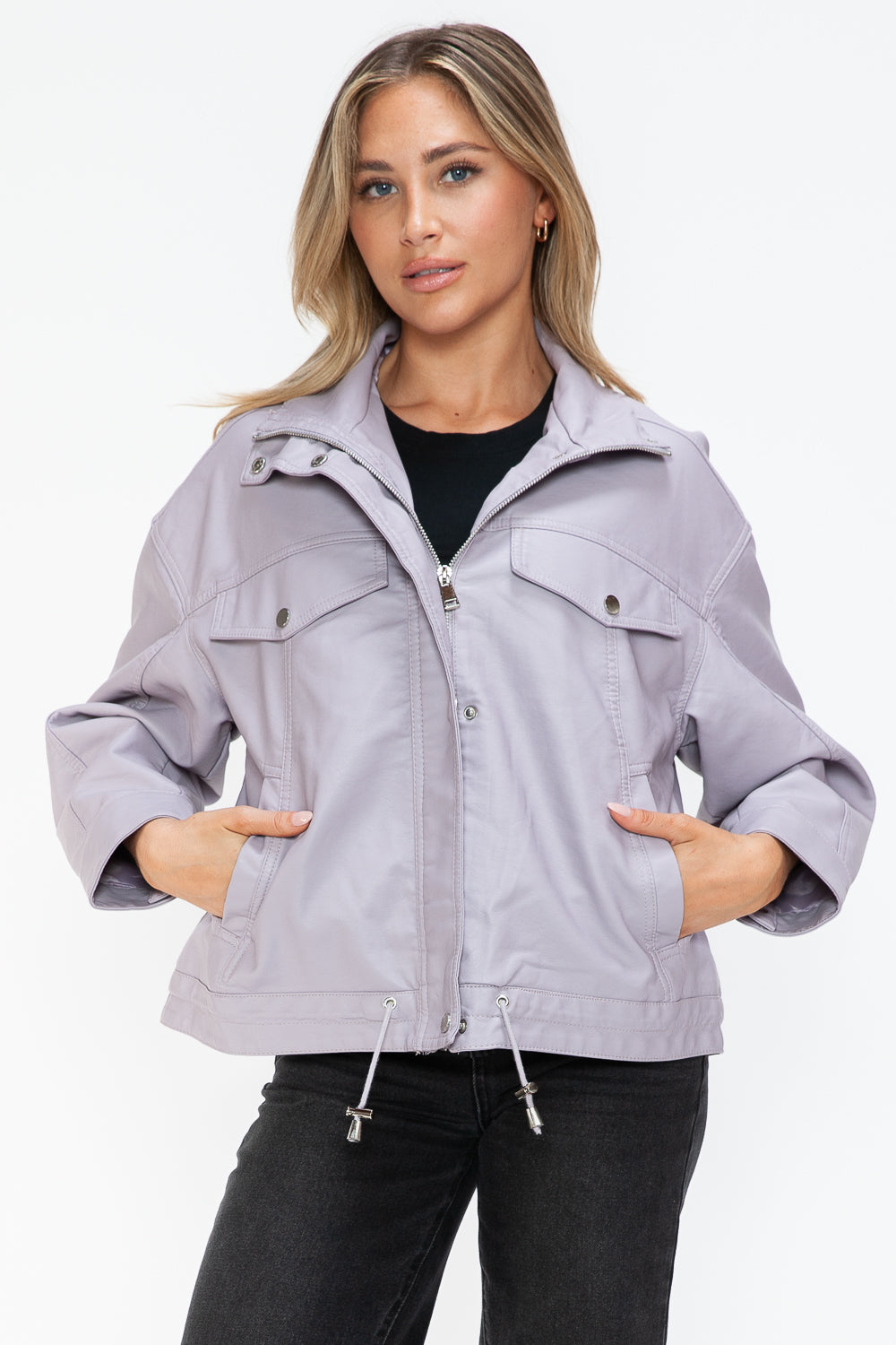 How Dare U Drawstring Hem PU Leather Zip Up Jacket - Teresa's Fashionista LLC
