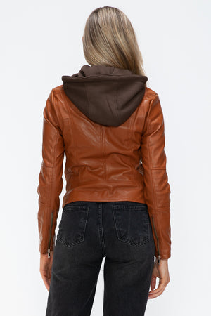 Snobbish Faux Leather Zip Up Drawstring Hooded Jacket - Teresa's Fashionista LLC