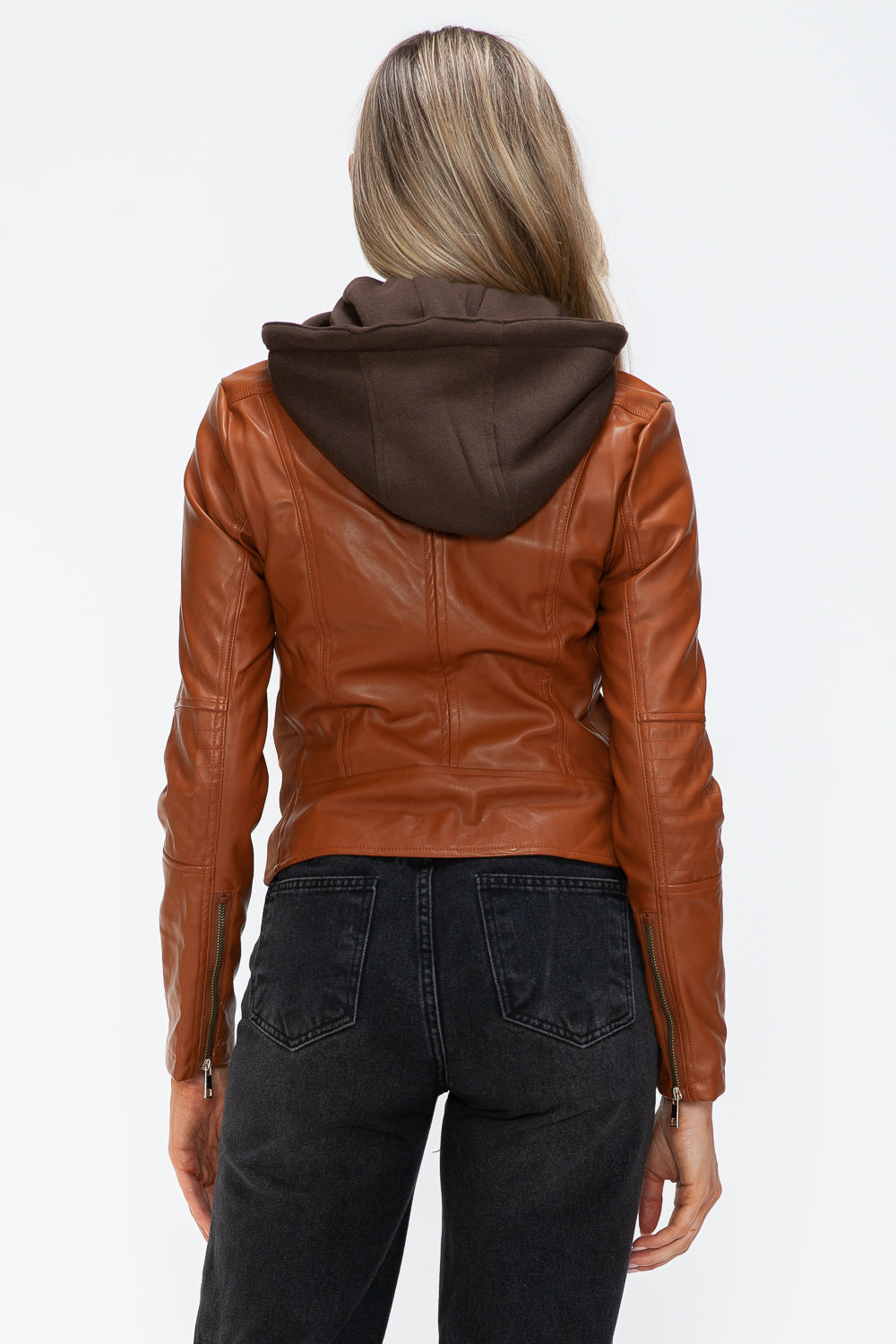 Snobbish Faux Leather Zip Up Drawstring Hooded Jacket - Teresa's Fashionista LLC