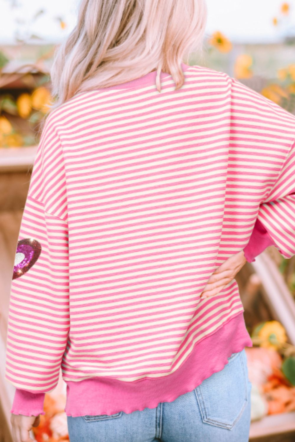 Valentine’s Day Sequin Heart Striped Round Neck Long Sleeve Sweatshirt - Teresa's Fashionista LLC