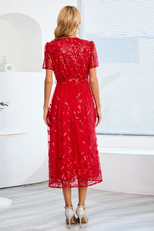 Sequin Leaf Embroidery Tie Front Short Sleeve Dress-Teresa's Fashionista LLC