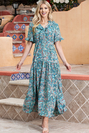 Paisley Print Flounce Sleeve Maxi Dress-Teresa's Fashionista LLC