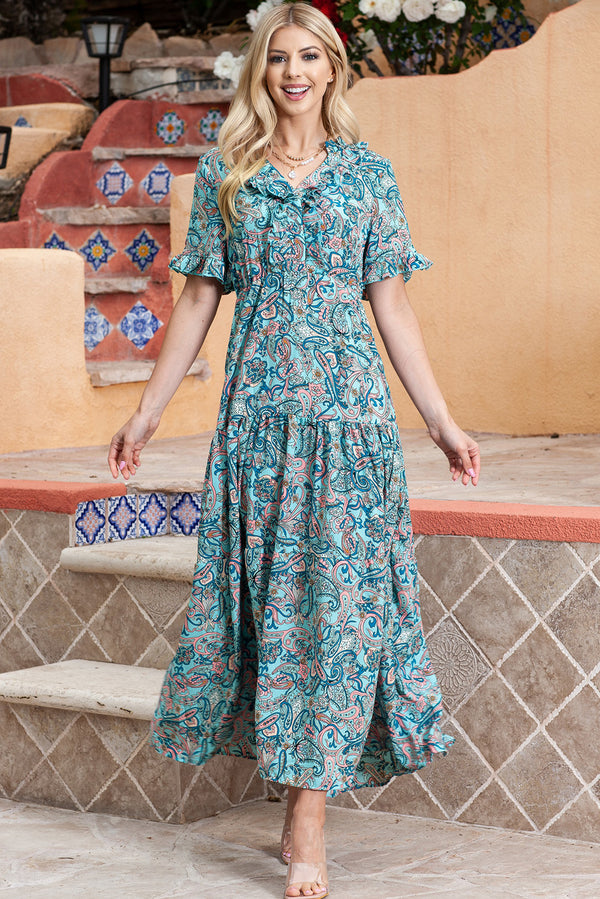 Paisley Print Flounce Sleeve Maxi Dress-Teresa's Fashionista LLC