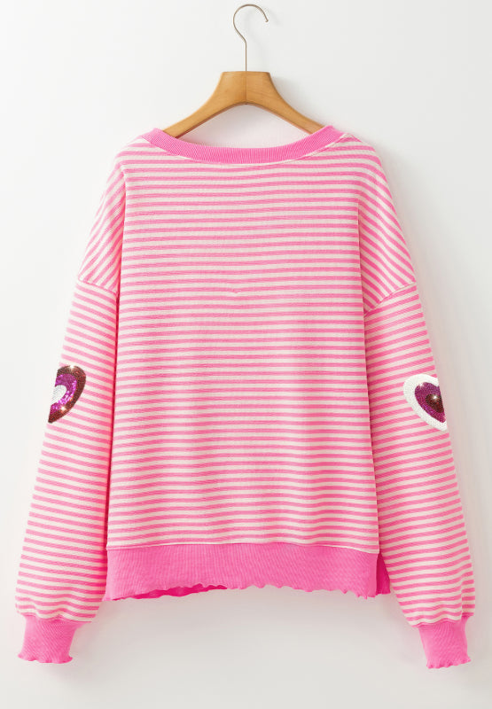 Valentine’s Day Sequin Heart Striped Round Neck Long Sleeve Sweatshirt - Teresa's Fashionista LLC