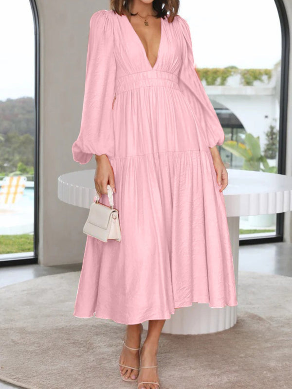 Deep V-Neck Balloon Sleeve Plain Maxi Dress-Teresa's Fashionista LLC