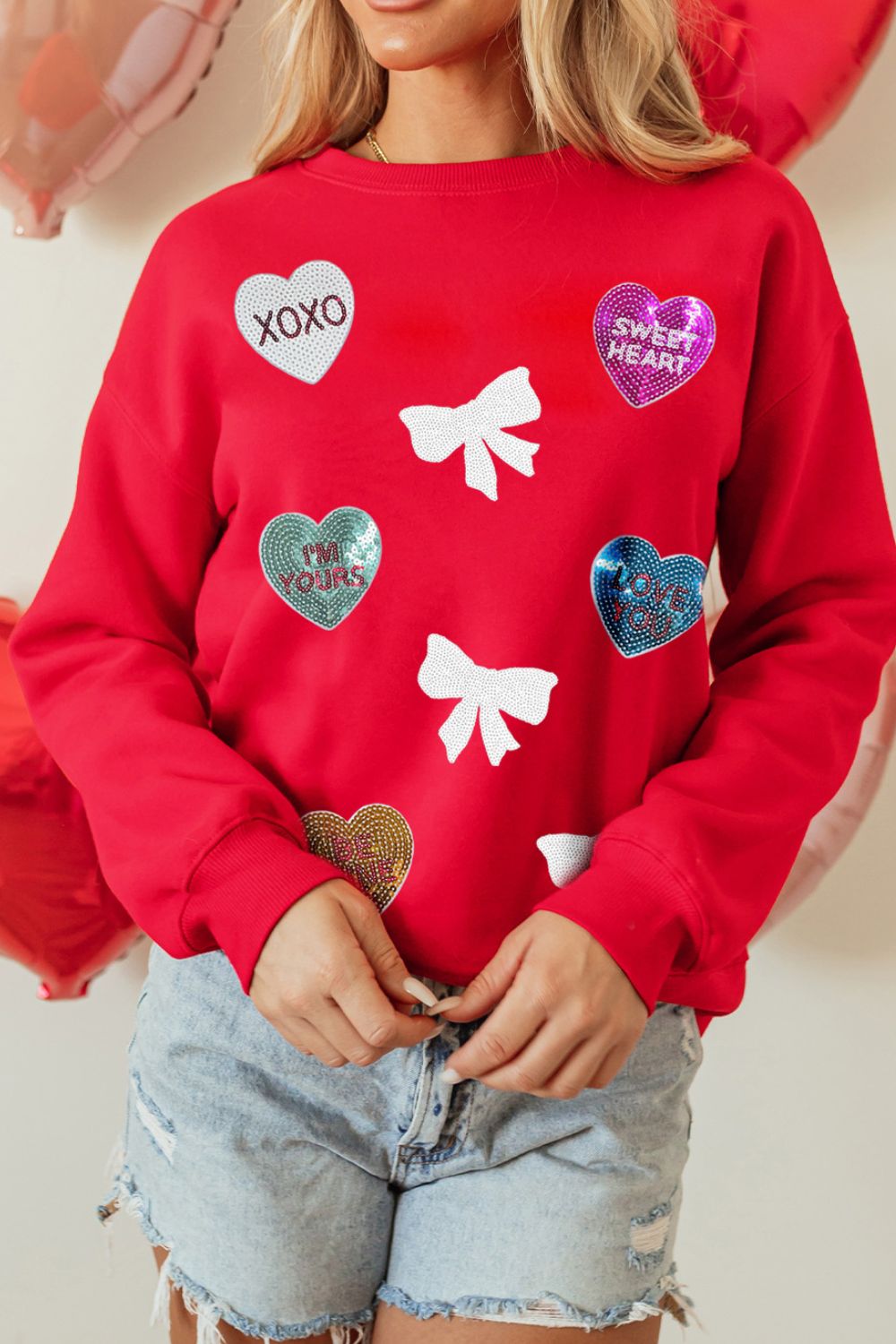 Valentine’s Day Sequin Bow Heart Round Neck Sweatshirt - Teresa's Fashionista LLC