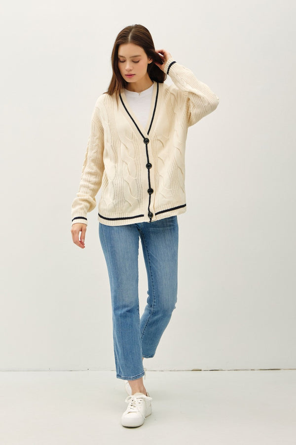Be Cool Contrast Trim Cable-Knit V-Neck Cardigan - Teresa's Fashionista LLC