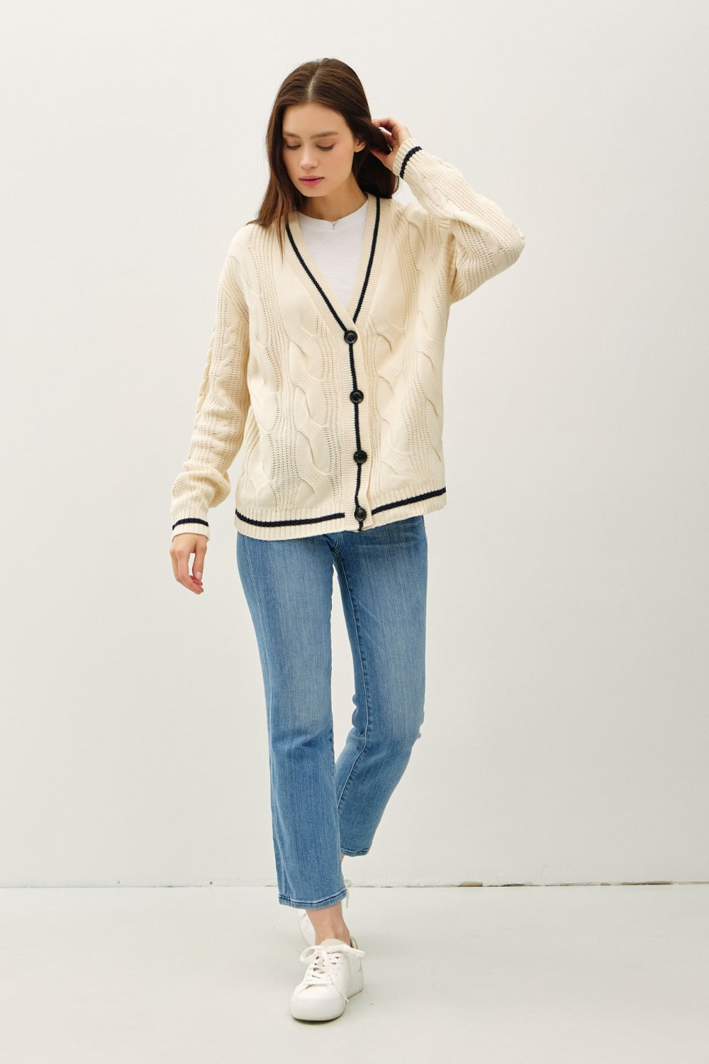 Be Cool Contrast Trim Cable-Knit V-Neck Cardigan - Teresa's Fashionista LLC