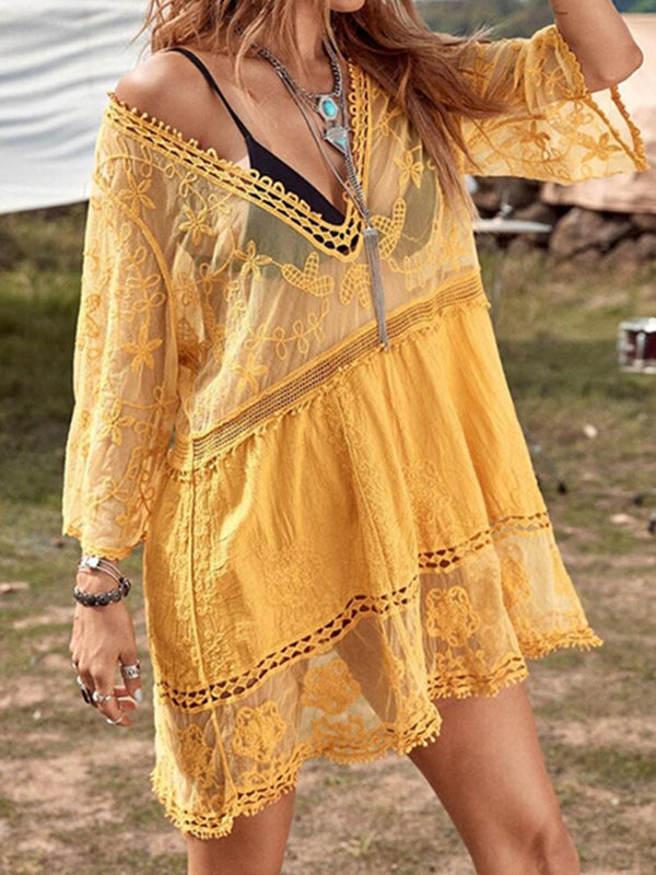 Lace Detail Plunge Cover-Up Dress-Teresa's Fashionista LLC