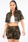 American Bazi Full Size Camouflage Short Sleeve Cropped Jacket - Teresa's Fashionista LLC