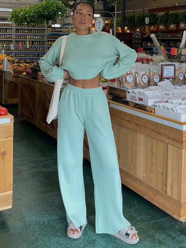 Waffle-Knit Round Neck Top and Pants Set-Teresa's Fashionista LLC