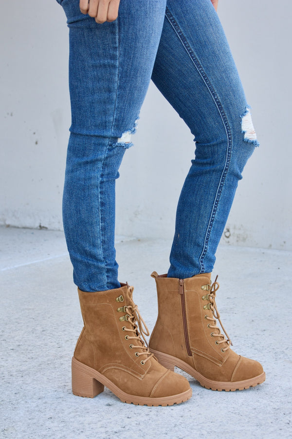 Forever Link Lace-Up Zipper Detail Block Heel Boots-Teresa's Fashionista LLC
