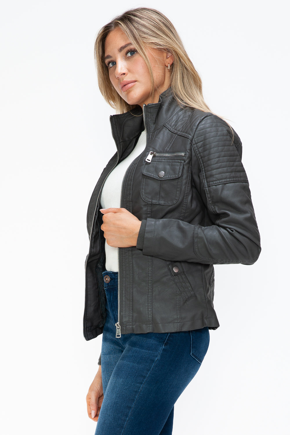 YMI Removable Faux Layered Multi-Pocket Jacket with Fuzzy Hood - Teresa's Fashionista LLC