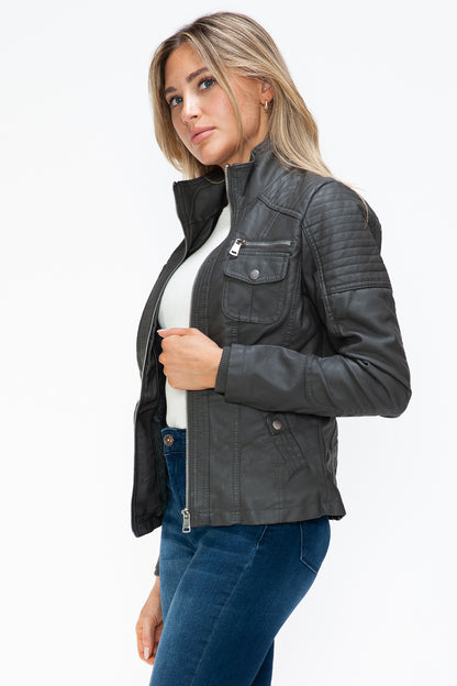 YMI Removable Faux Layered Multi-Pocket Jacket with Fuzzy Hood - Teresa's Fashionista LLC