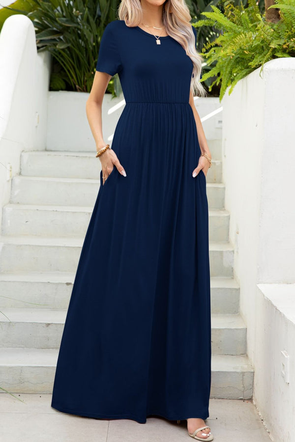 Round Neck Maxi Tee Dress with Pockets-Teresa's Fashionista LLC