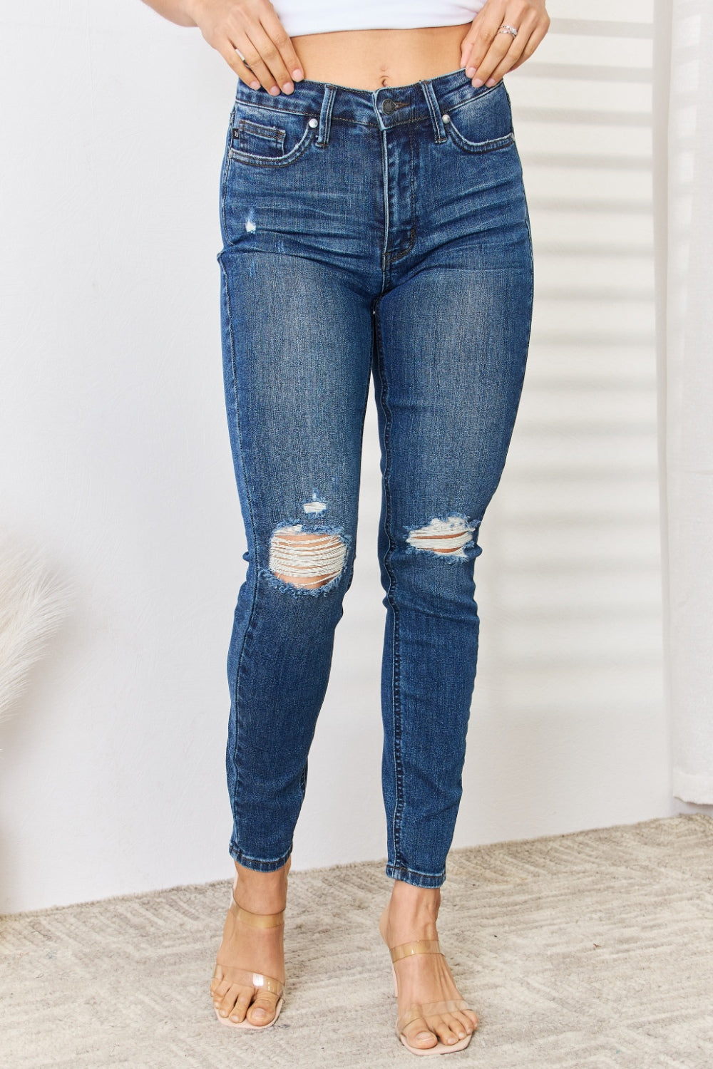 Judy Blue Full Size Mid Waist Distressed Slim Jeans-Teresa's Fashionista LLC