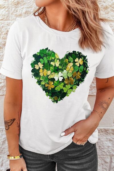 Clover heart round neck short sleeve t-shirt in white worn by a model, featuring a vibrant clover heart design.