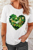 Clover heart round neck short sleeve t-shirt in white worn by a model, featuring a vibrant clover heart design.