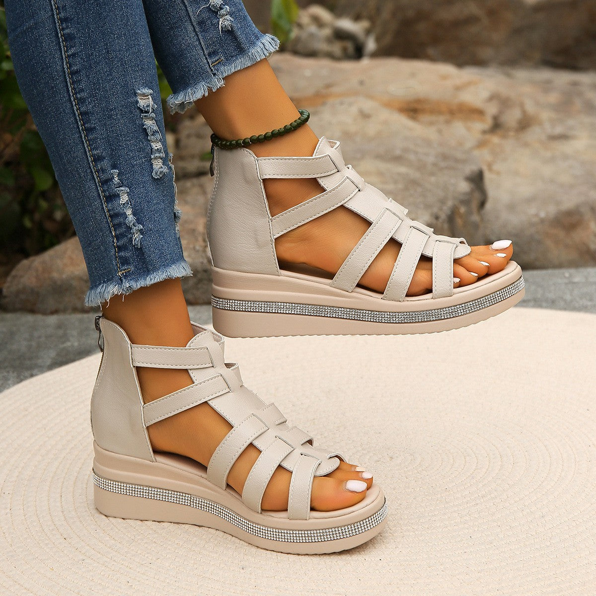 Cutout Rhinestone Trim Wedge Sandals-Teresa&#39;s Fashionista LLC