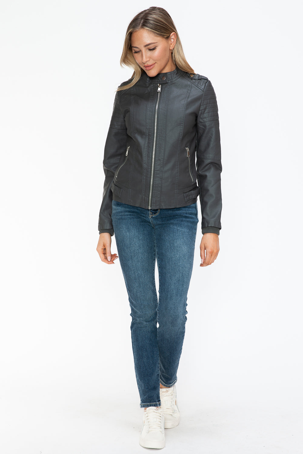 Snobbish PU Leather Biker Jacket with Side Zip Pockets - Teresa's Fashionista LLC
