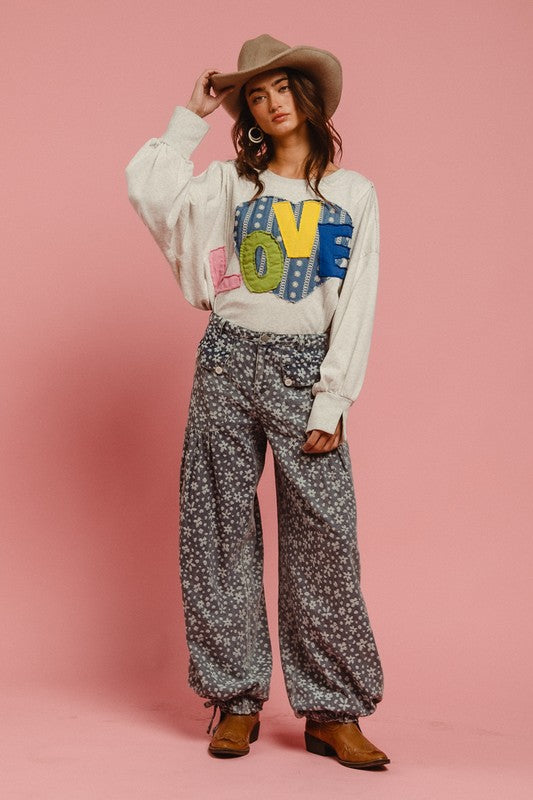 BiBi LOVE Heart Patch Slit French Terry Sweatshirt - Teresa's Fashionista LLC