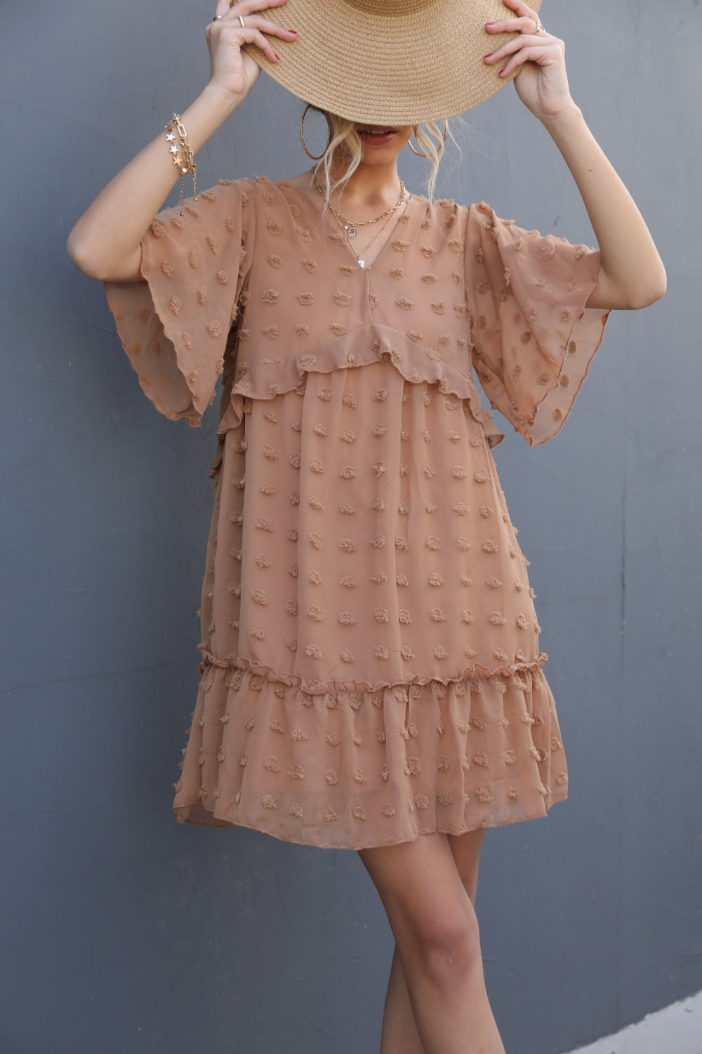 Swiss Dot V-Neck Flutter Sleeve Mini Dress-Teresa's Fashionista LLC