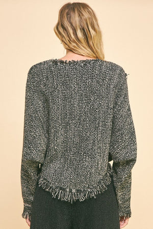 Davi & Dani Fringe Hem Overlapping Asymmetrical Crop Sweater - Teresa's Fashionista LLC