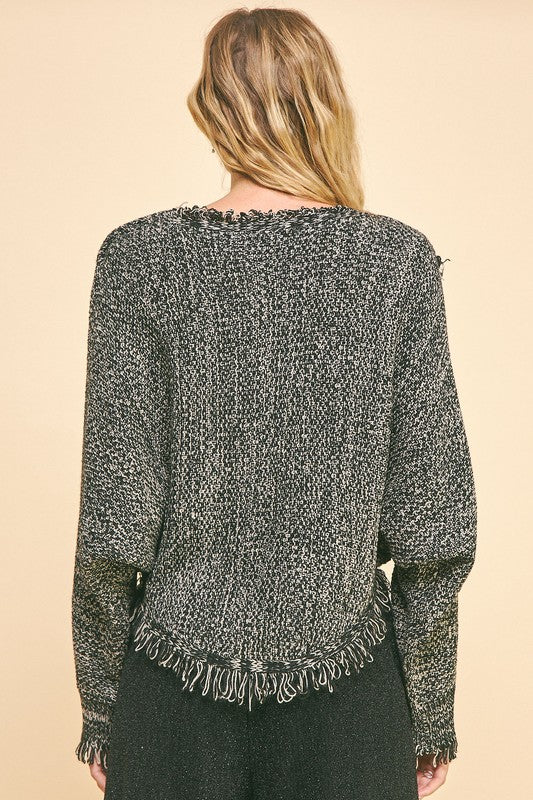 Davi & Dani Fringe Hem Overlapping Asymmetrical Crop Sweater - Teresa's Fashionista LLC