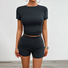 Solid Color Slim Sports Suit Summer 2Pcs Short-sleeved Round Neck T-shirt And Elastic Shorts Fashion Womens Clothing - Teresa's Fashionista LLC