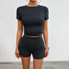 Solid Color Slim Sports Suit Summer 2Pcs Short-sleeved Round Neck T-shirt And Elastic Shorts Fashion Womens Clothing - Teresa's Fashionista LLC