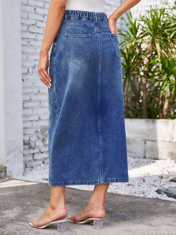 Slit Midi Denim Skirt with Pockets-Teresa's Fashionista LLC