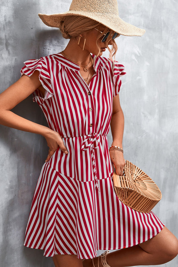 Ruffled Striped Cap Sleeve Mini Dress-Teresa's Fashionista LLC