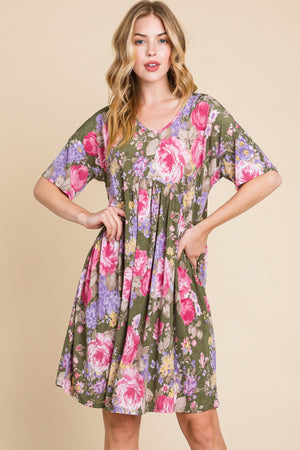 BOMBOM Flower Print V-Neck Ruched Dress-Teresa's Fashionista LLC