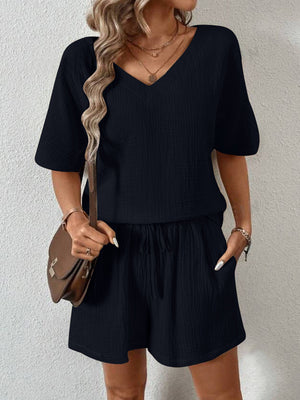 V-Neck Half Sleeve Top and Shorts Set-Teresa's Fashionista LLC